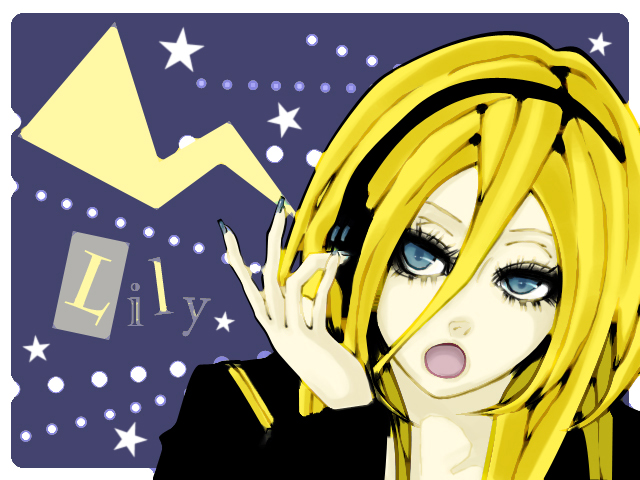 blonde_hair blue_eyes english hand_on_headphones headphones kamomeuta lily_(vocaloid) long_hair nail_polish open_mouth solo text vocaloid