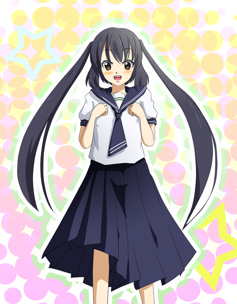 black_hair brown_eyes canary_(artist) k-on! long_hair nakano_azusa pleated_skirt school_uniform skirt smile solo twintails