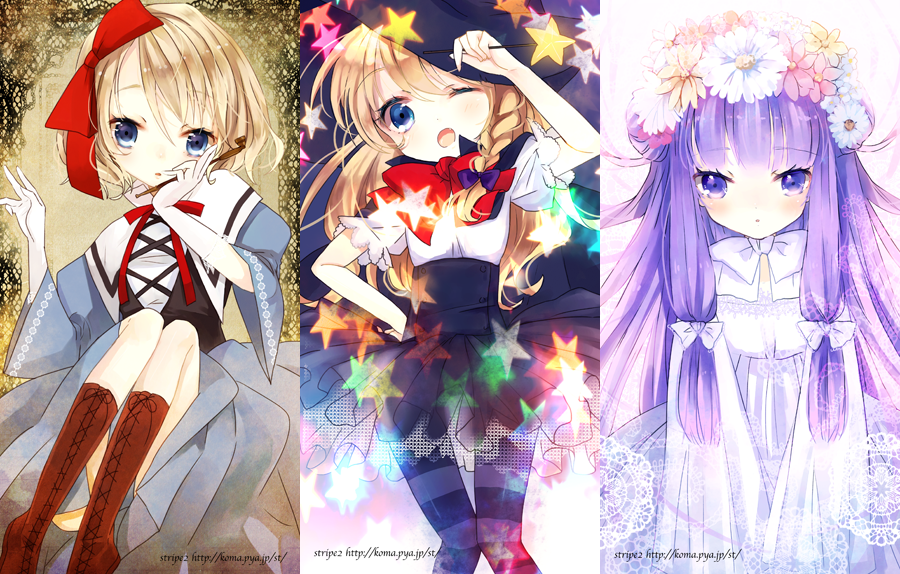 alice_margatroid bad_id blonde_hair blue_eyes boots braid flower gloves hair_flower hair_ornament hat kirisame_marisa long_hair multiple_girls pantyhose patchouli_knowledge purple_eyes purple_hair purple_legwear shimakoma short_hair striped striped_legwear touhou witch_hat