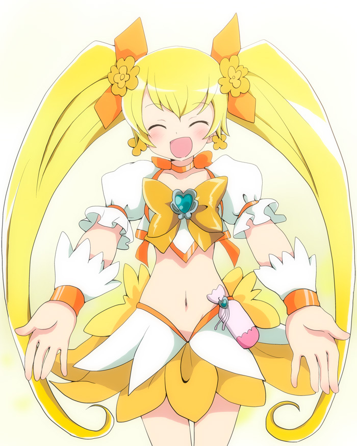 :d ^_^ blonde_hair blush closed_eyes cure_sunshine detached_sleeves dress earrings female heartcatch_precure! jewelry long_hair magical_girl massala myoudouin_itsuki open_mouth outstretched_arms precure skirt smile solo twintails very_long_hair white_background yellow yellow_dress