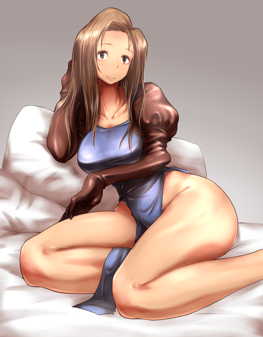 brown_hair curvy dress hun large_breasts legs long_hair olivya_phoraena side_slit sitting smile solo tactics_ogre taut_shirt thick_thighs thighs