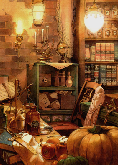 book bottle candelabra food fruit miyuu no_humans original pumpkin