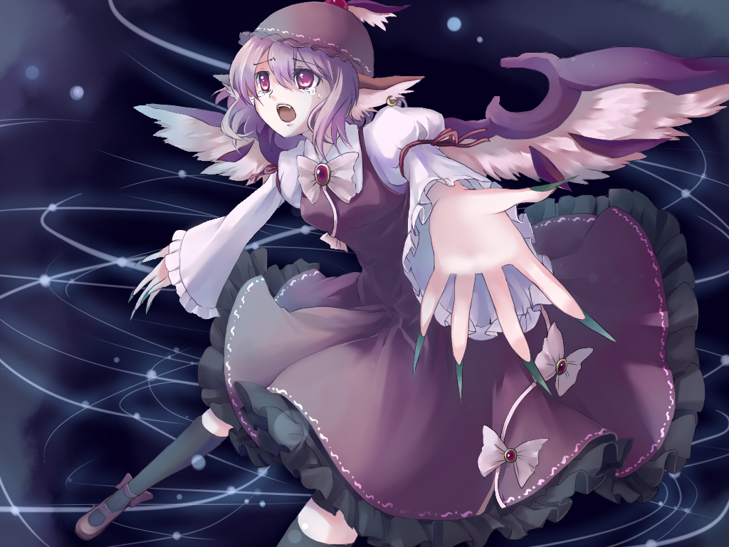 fangs fingernails hat long_fingernails myaaco mystia_lorelei nail_polish outstretched_arms outstretched_hand pink_eyes pink_hair short_hair solo spread_arms tears touhou wings
