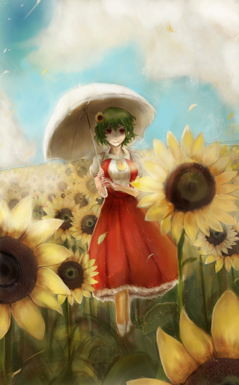 1girl cloud flower flower_field green_hair hair_flower hair_ornament highres kazami_yuuka long_skirt parasol petals red_eyes short_hair skirt skirt_set solo standing sunflower touhou umbrella vest yuda_(a5)