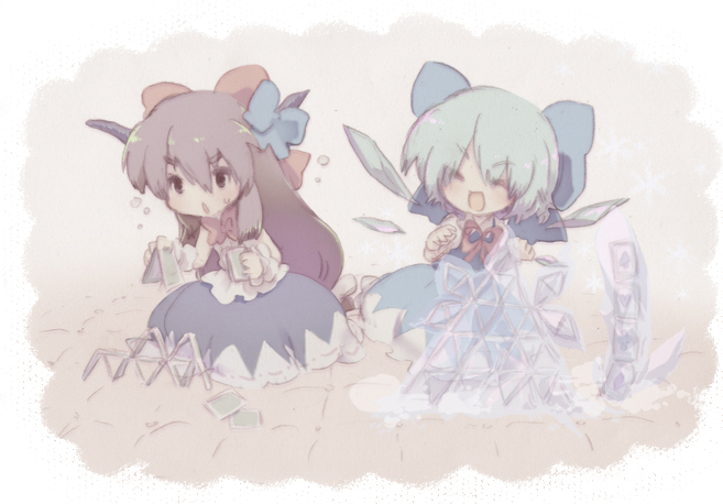 card cards cirno holding holding_card horns house_of_cards ibuki_suika ice lying_card multiple_girls oto playing_card playing_cards touhou wings