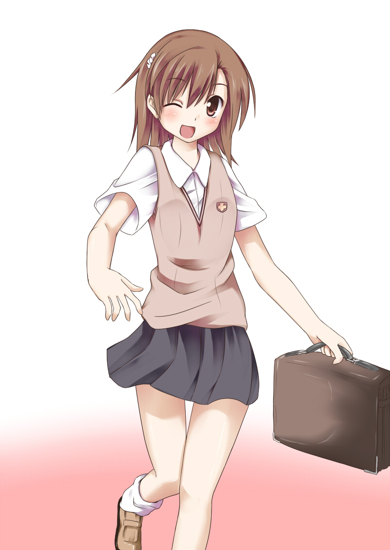 bag blush hair_ornament hairclip kue loose_socks misaka_mikoto school_bag school_uniform skirt smile socks sweater_vest to_aru_majutsu_no_index uniform wink