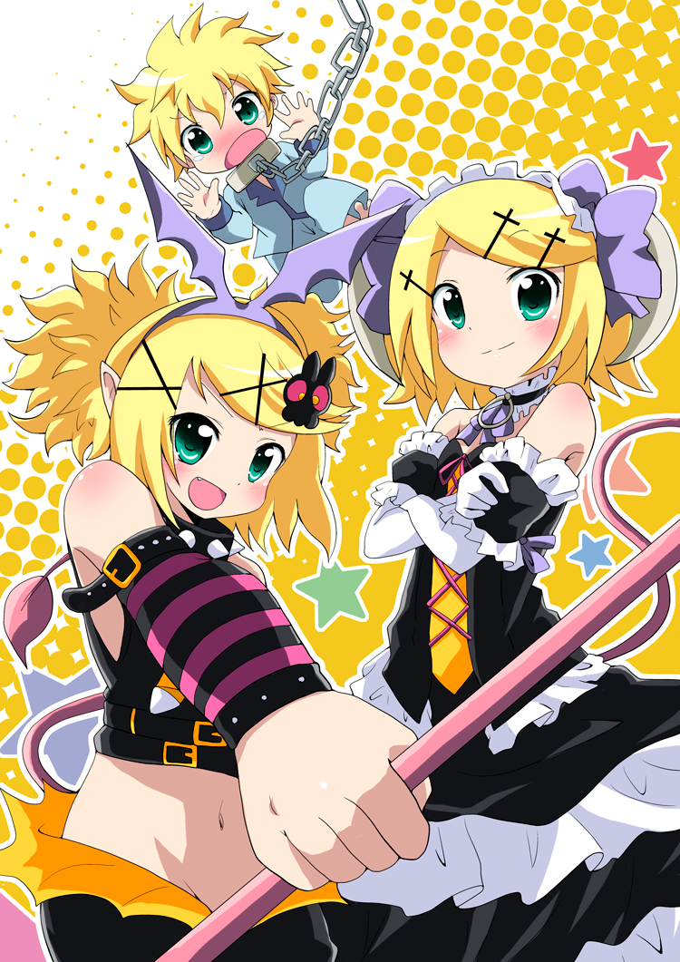 bare_shoulders bat_ears blonde_hair blue_eyes chain crossed_arms hair_ornament hairclip head_wings headband horns kagamine_len kagamine_rin massala midriff mound_of_venus navel pretty_panties_akuma_rin_(vocaloid) siblings staff tail twins vocaloid