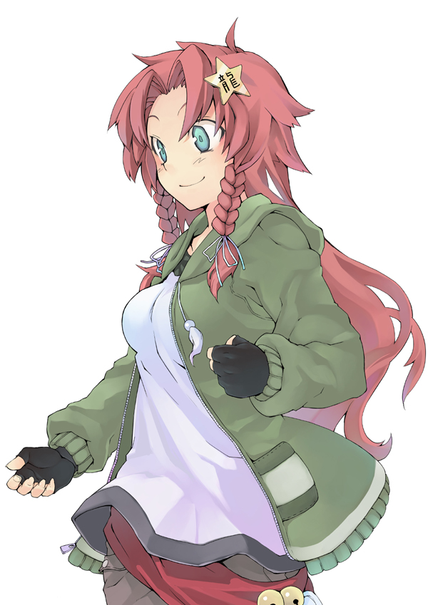 alternate_costume blue_eyes braid breasts casual contemporary fingerless_gloves gloves hong_meiling jacket morino_hon red_hair redhead shirt smile solo star touhou twin_braids