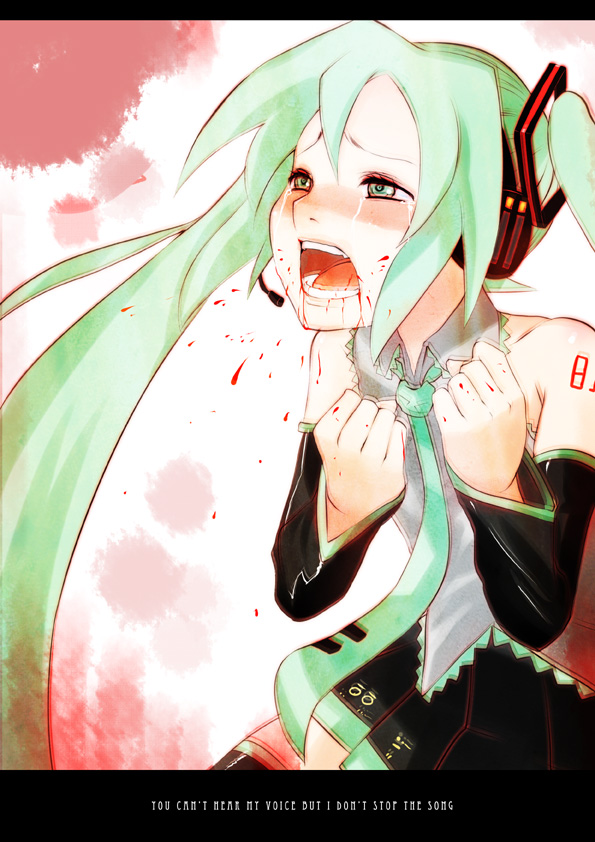 azuse_neko bad_id blood blush detached_sleeves face green_hair hands hatsune_miku headset open_mouth solo tears vocaloid