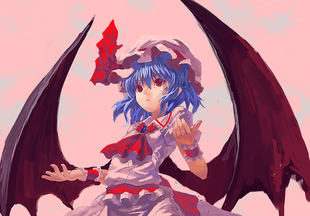 blue_hair hat red_eyes remilia_scarlet short_hair solo tomneko_(superhornet) touhou wings