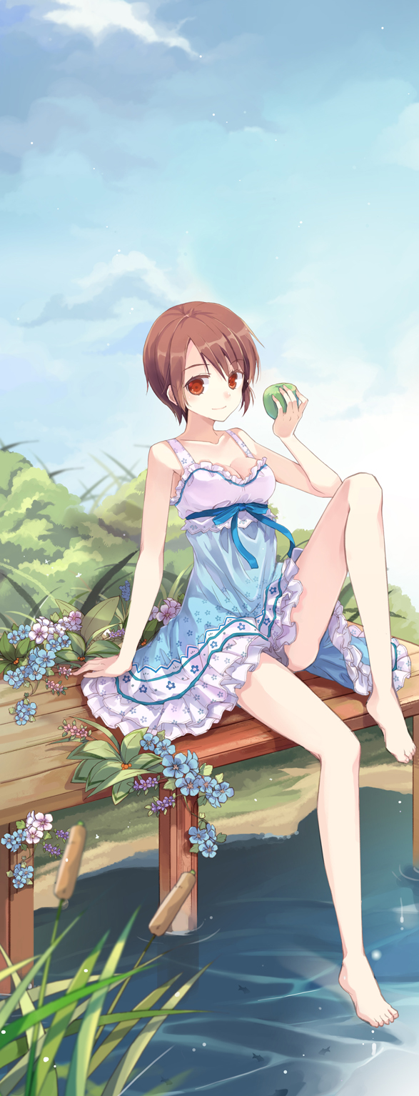 bad_id bare_legs barefoot breasts brown_eyes brown_hair cleavage dress ei_(pakirapakira) feet flower food frills fruit gathers highres jin_young-in legs looking_at_viewer no_bra original reeds sitting smile solo sundress water