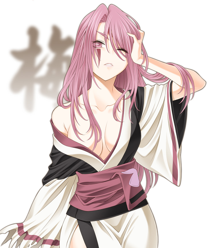 baiken bibyo breasts breasts_apart cleavage face_paint facepaint guilty_gear japanese_clothes kimono long_hair obi off_shoulder parted_lips pink_eyes pink_hair solo strap_slip white_background wince wink