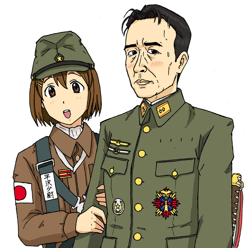 crapgame hat hirasawa_susumu hirasawa_yui k-on! medal military military_uniform open_mouth smile star sweatdrop sword translated uniform weapon