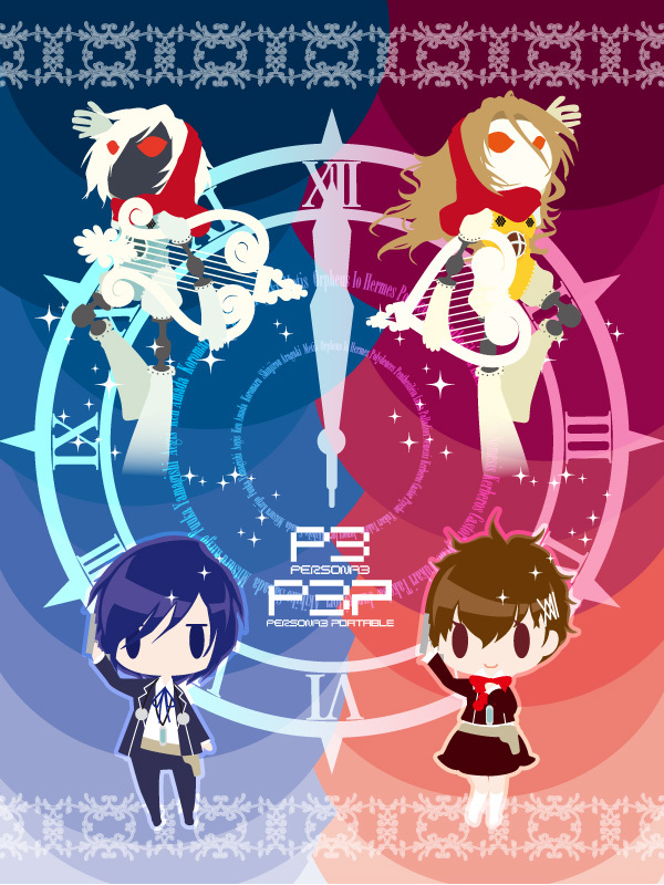 blue_hair brown_hair character chibi clock female_protagonist_(persona_3) flat_color lyre main male megami_tensei orpheus persona persona_3 persona_3_portable red_eyes school_uniform schoolboy shin_megami_tensei sparkle