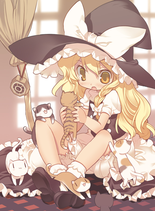 :3 :o blade_(artist) blade_(lovewn) blonde_hair bloomers blush broom carrying cat hat kirisame_marisa kitten open_mouth sitting solo too_many_cats touhou witch_hat yellow_eyes |_|