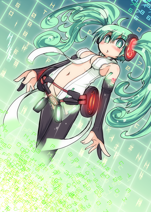 aqua_eyes aqua_hair belt breasts elbow_gloves fingerless_gloves gloves hatsune_miku hatsune_miku_(append) hys-d long_hair miku_append navel necktie solo thigh-highs thighhighs twintails very_long_hair vocaloid vocaloid_append