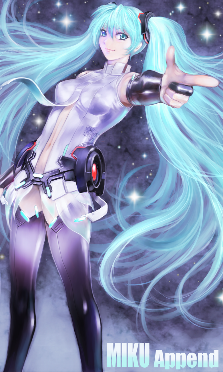 aqua_eyes aqua_hair belt bridal_gauntlets elbow_gloves fingerless_gloves gloves hatsune_miku hatsune_miku_(append) highres long_hair miku_append navel necktie smile solo twintails very_long_hair vocaloid vocaloid_append yusao