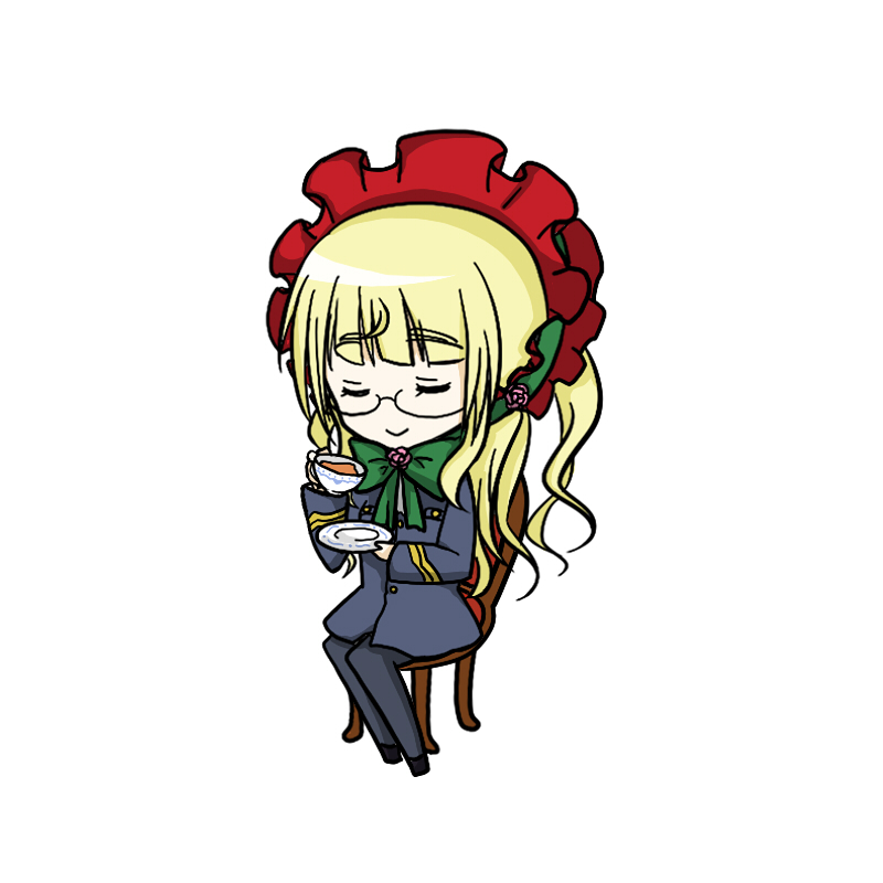 closed_eyes cup hairband perrine_h_clostermann rozen_maiden saucer sawashiro_miyuki seiyuu_connection seiyuu_joke shimashima_(yutanin) shinku sitting smile strike_witches tea teacup