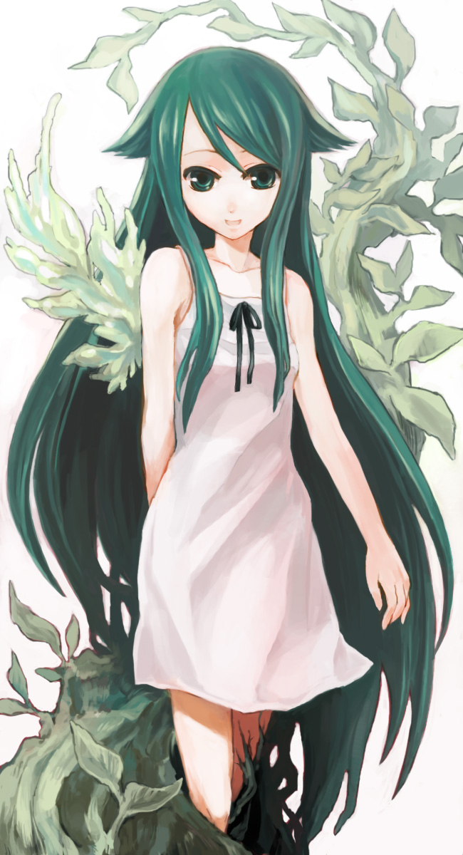 flat_chest green_eyes green_hair highres leaf long_hair monster_girl ribbon riinu_(ir-n) riinu_(pixiv50783) saya saya_no_uta smile solo sundress very_long_hair