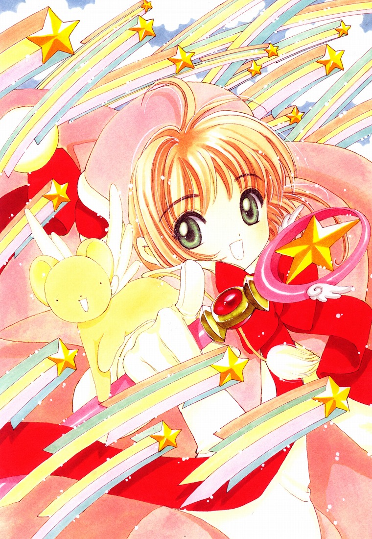 brown_hair card_captor_sakura cardcaptor_sakura clamp green_eyes hoshi_no_tsue kero kinomoto_sakura looking_at_viewer magical_girl official_art open_mouth orange_hair star wand