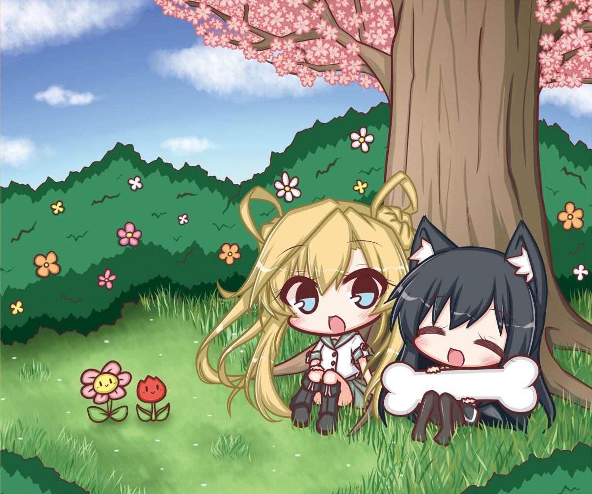 2girls :d ^_^ abukuma_(kantai_collection) animal_ears asashio_(kantai_collection) bangs black_dress black_footwear black_hair black_legwear blonde_hair blue_eyes blue_sky blush boots bush cherry_blossoms closed_eyes clouds cloudy_sky commentary_request day dog_ears dress eyebrows_visible_through_hair flower green_sailor_collar green_skirt hair_between_eyes hair_rings kantai_collection kemonomimi_mode knee_boots komakoma_(magicaltale) long_hair multiple_girls no_shoes on_grass open_mouth orange_flower outdoors pantyhose pink_flower pleated_skirt red_flower remodel_(kantai_collection) sailor_collar school_uniform serafuku shirt short_sleeves sitting skirt sky smile tree tulip twintails very_long_hair white_flower white_shirt