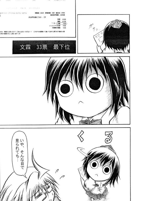 :&lt; ahoge comic glasses hat hidefu_kitayan monochrome morichika_rinnosuke no_nose o_o shameimaru_aya short_hair tokin_hat touhou translated translation_request wings