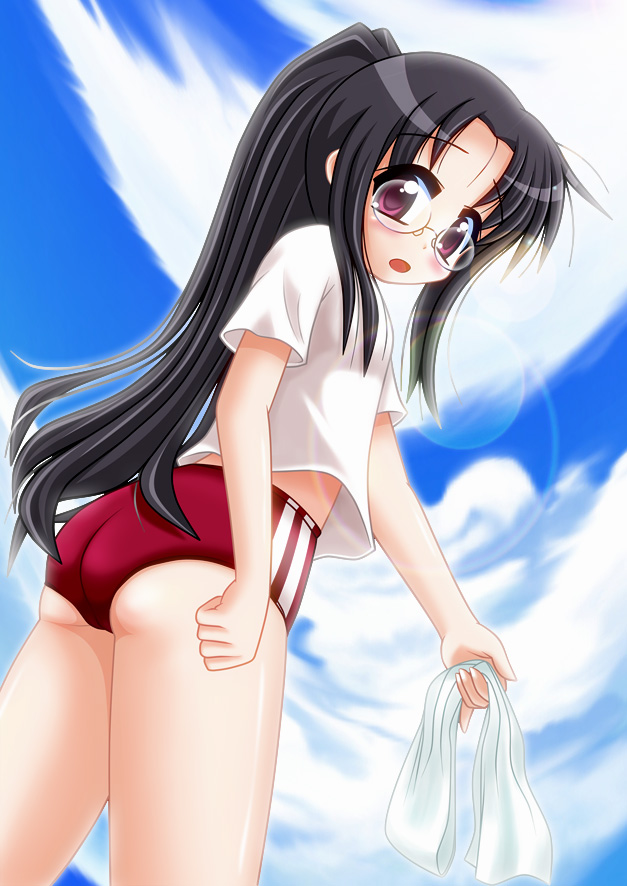 ass black_hair buruma glasses lens_flare long_hair lucky_star red_eyes shirai_daizu sky t-shirt tamura_hiyori thighs towel