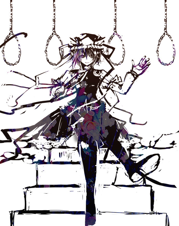 hat kodatino noose rod_of_remorse shikieiki_yamaxanadu short_hair sitting solo stairs thighhighs touhou