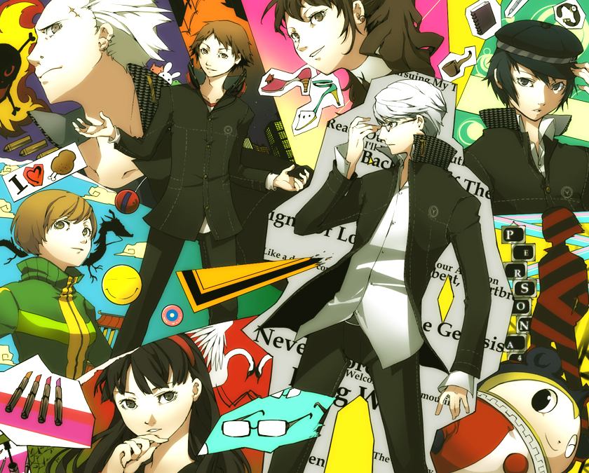 amagi_yukiko androgynous bird black_eyes black_hair blue_eyes blue_hair book brown_eyes brown_hair bullet cabbie_hat crane_(animal) earrings everyone food glasses grey_hair hairband hanamura_yousuke hat jewelry kujikawa_rise kuma_(persona_4) long_hair meat nail_polish narukami_yuu persona persona_4 pipe reverse_trap satonaka_chie scar school_uniform seta_souji shirogane_naoto short_hair smile tatsumi_kanji track_jacket watch wristwatch