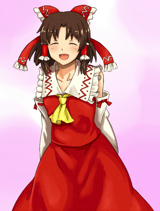 bad_id brown_hair closed_eyes hakurei_reimu open_mouth shiba_murashouji smile solo touhou