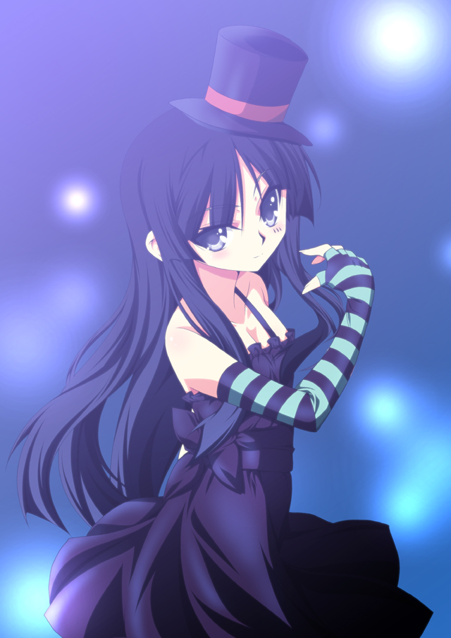 akiyama_mio bare_shoulders black_eyes black_hair bow breasts cleavage don't_say_lazy dress fingerless_gloves gloves hat k-on! ka2 long_hair mini_top_hat solo stage_lights top_hat
