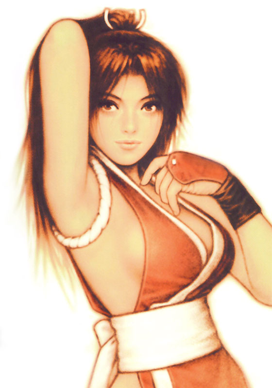 1girl armpits bare_shoulders black_eyes black_hair breasts brown_eyes brown_hair capcom_vs_snk fatal_fury fingerless_gloves gloves japanese_clothes king_of_fighters long_hair m.u.g.e.n ninja official_art ponytail shinkiro shiranui_mai sideboob snk solo