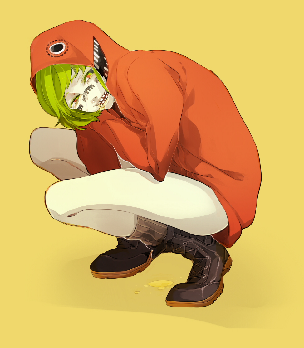 bottomless green_hair gumi hoodie matryoshka_(vocaloid) multicolored_eyes piercing saliva simple_background solo squatting tears vocaloid