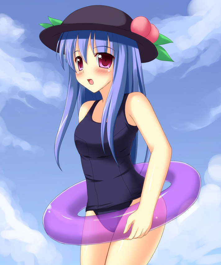 blue_hair food fruit hat hinanawi_tenshi innertube long_hair one-piece_swimsuit peach red_eyes school_swimsuit solo swimsuit touhou