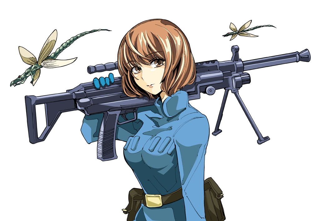 aoki_kou aoki_yuriko bakuman belt brown_eyes brown_hair ghibli gun kaze_no_tani_no_nausicaa looking_at_viewer mole morisoban nausicaa over_shoulder parody pouch short_hair simple_background solo studio_ghibli weapon white_background