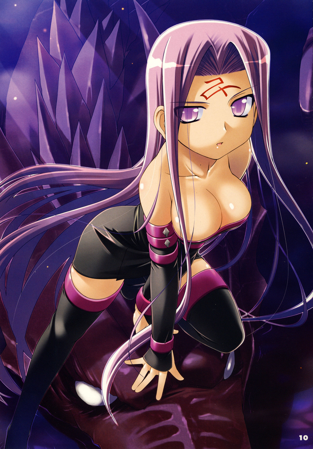 bakutendo bare_shoulders breasts cleavage detached_sleeves dragon dress facial_mark fate/stay_night fate_(series) forehead_mark highres large_breasts long_hair purple_eyes purple_hair rider strapless strapless_dress thigh-highs thighhighs very_long_hair violet_eyes zettai_ryouiki