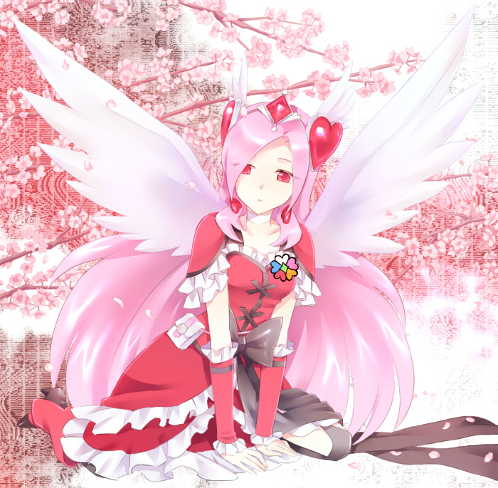 alternate_costume angel_wings ayamoto boots bow cherry_blossoms cure_angel cure_passion dress earrings flower fresh_precure! head_wings heart higashi_setsuna jewelry kneeling long_hair magical_girl petals pink_hair pouch precure red_eyes solo tiara tree wings
