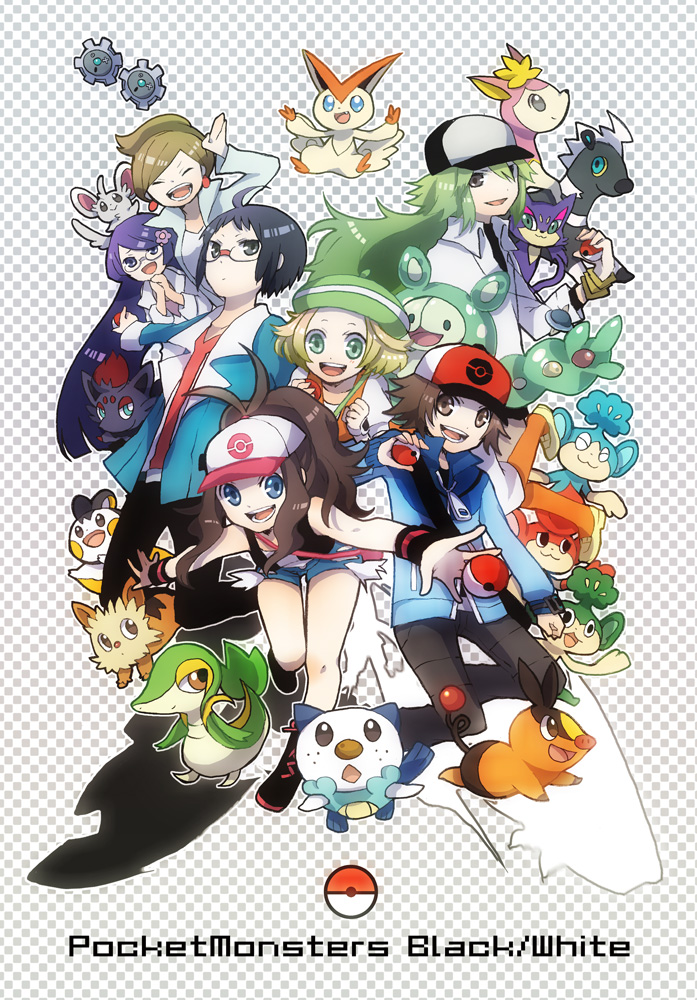 3boys 4girls araragi_(pokemon) bag baseball_cap bel_(pokemon) bell_(pokemon) black_hair blitzle blonde_hair blue_eyes brown_eyes brown_hair buzz cheren_(pokemon) closed_eyes deerling denim denim_shorts earrings emolga glasses green_eyes green_hair hair_ornament hairclip hat jacket jewelry klink labcoat lillipup makomo_(pokemon) minccino multiple_boys multiple_girls n_(pokemon) oshawott panpour pansage pansear poke_ball pokemon pokemon_(creature) pokemon_(game) pokemon_black_and_white pokemon_bw ponytail purrloin reuniclus shorts snivy tepig touko_(pokemon) touya_(pokemon) vest victini zorua