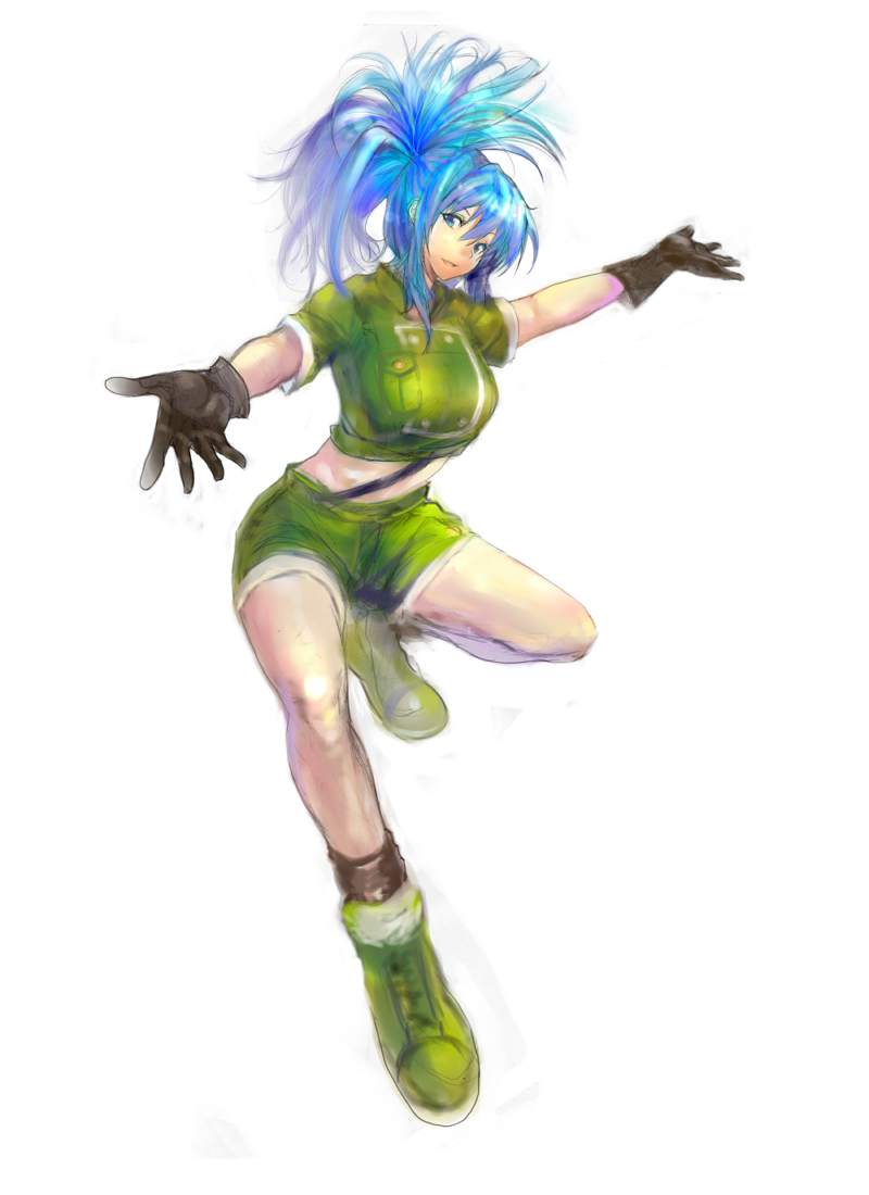 blue_eyes blue_hair boots gloves king_of_fighters leona_heidern navel shorts simple_background snk solo unco_(f231057s) unco_(pixiv457393)