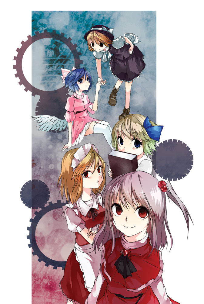 alice_margatroid alice_margatroid_(pc-98) angel_wings book covering_mouth friends hair_bobbles hair_ornament holding_hands katayama_kei looking_up mai_(touhou) mystic_square shinki short_hair side_ponytail thigh-highs thighhighs touhou touhou_(pc-98) white_legwear white_thighhighs wings yuki_(touhou) yumeko