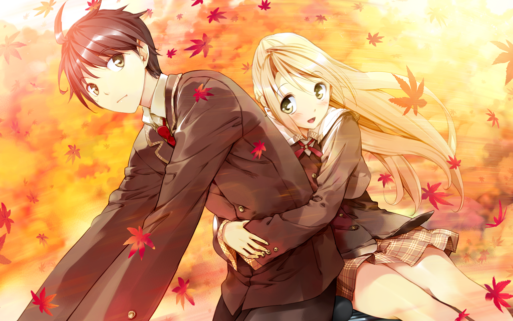 autumn bicycle blonde_hair couple game_cg hug leaf sakura_nanami school_uniform ueda_ryou yellow_eyes
