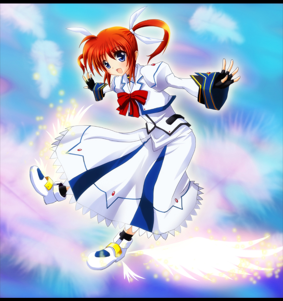 blue_eyes brown_hair fingerless_gloves gloves long_hair mahou_shoujo_lyrical_nanoha mahou_shoujo_lyrical_nanoha_a's mahou_shoujo_lyrical_nanoha_a's ok-ray outstretched_arms spread_arms takamachi_nanoha twintails