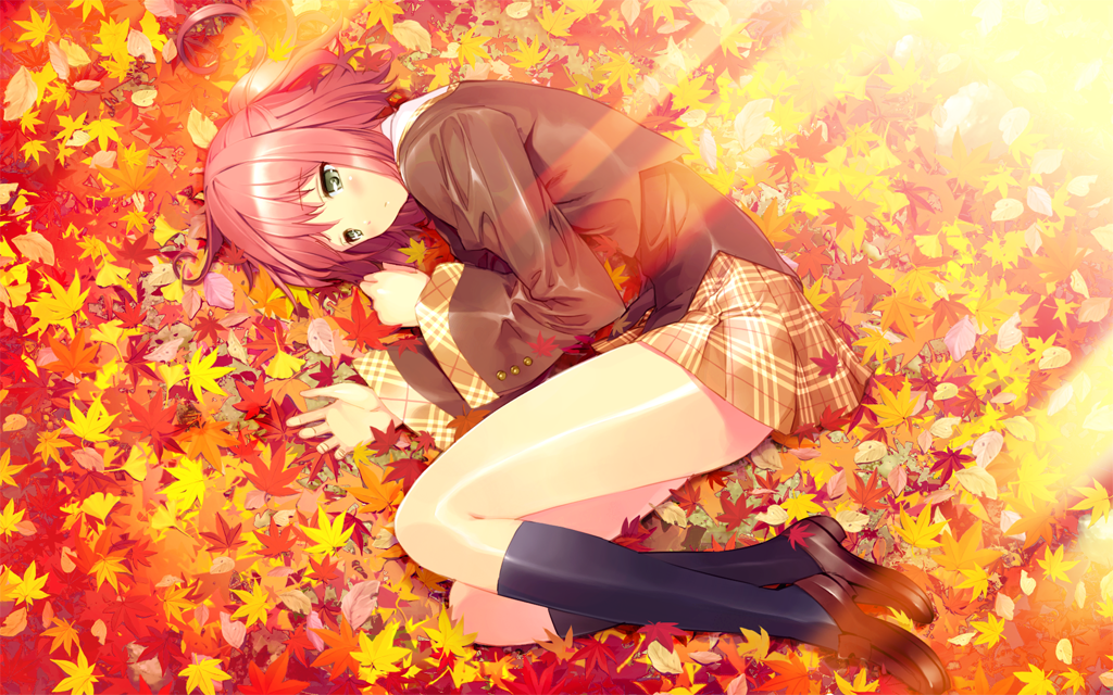 autumn blazer game_cg kanae_(akizora) kneehighs leaf legs loafers long_legs lying on_side red_hair redhead school_uniform shoes skirt socks sunbeam sunlight thighs ueda_ryou