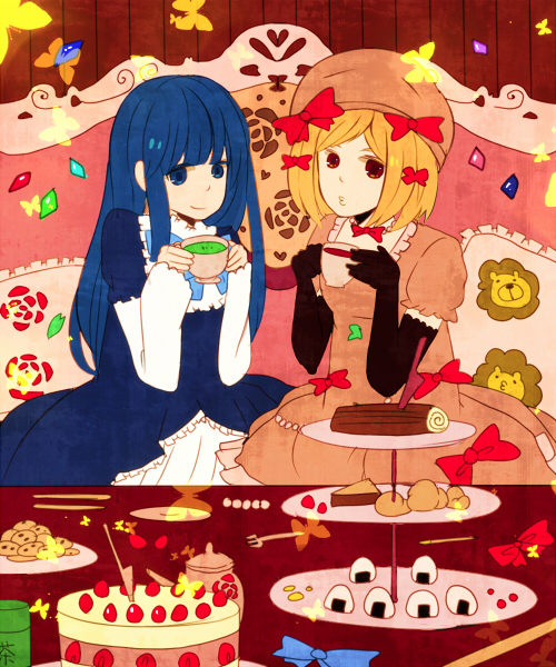 blonde_hair blue_eyes bow butterfly cake candy cookie cup dress elbow_gloves flower food formal frederica_bernkastel gloves gothic_lolita hair_bow hair_ornament hat lambdadelta lion lolita_fashion long_hair multiple_girls nomiya o3o pastry pillow purple_hair red_eyes ribbon rose short_hair sitting smile table tea teacup umineko_no_naku_koro_ni