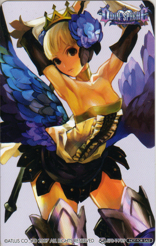 2007 armor armored_dress armpits black_eyes boots card_(medium) choker crown detached_sleeves dress george_kamitani gwendolyn logo odin_sphere official_art royal royalty scan short_hair thigh-highs thighhighs title_drop valkyrie weapon white_hair wings