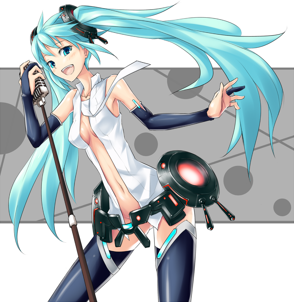 aqua_eyes aqua_hair belt bridal_gauntlets elbow_gloves fingerless_gloves gloves hatsune_miku hatsune_miku_(append) keikotsu long_hair microphone microphone_stand miku_append navel necktie smile solo thigh-highs thighhighs twintails very_long_hair vocaloid vocaloid_append zettai_ryouiki