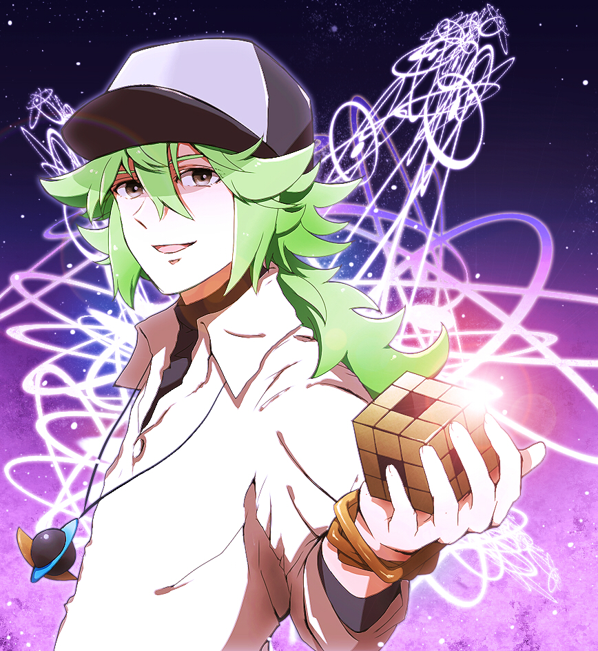 baseball_cap glowing green_hair hat jewelry male mithraki n_(pokemon) necklace neon_lights pokemon pokemon_(game) pokemon_black_and_white pokemon_bw ponytail smile void_cube