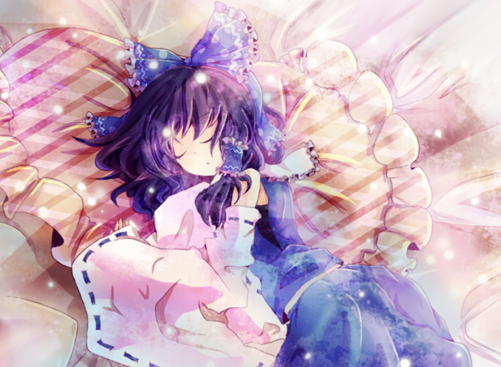 alternate_color alternate_costume bondson bow brown_eyes brown_hair hair_bow hakurei_reimu japanese_clothes long_hair miko ribbon sleeping solo touhou