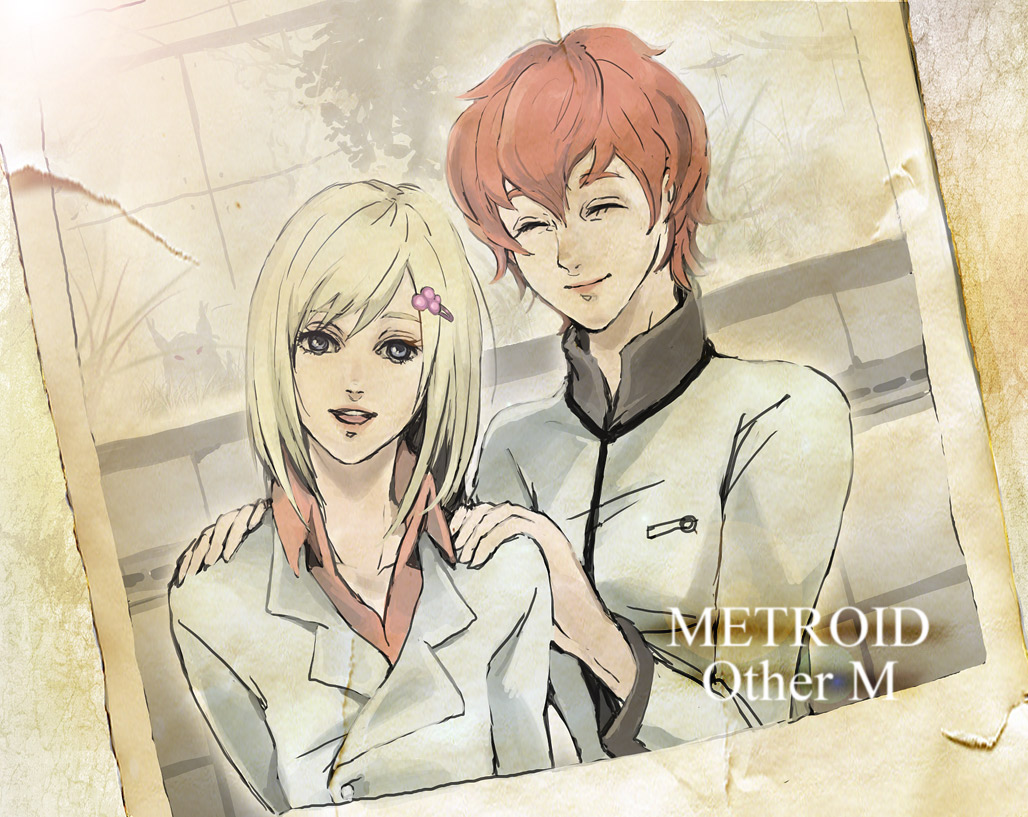 bangs blonde_hair blue_eyes closed_eyes hair_ornament hairclip hands_on_shoulders happy kmitty labcoat little_birdy madeline_bergman melissa_bergman metroid multiple_girls photo_(object) red_hair redhead short_hair spoilers text when_you_see_it
