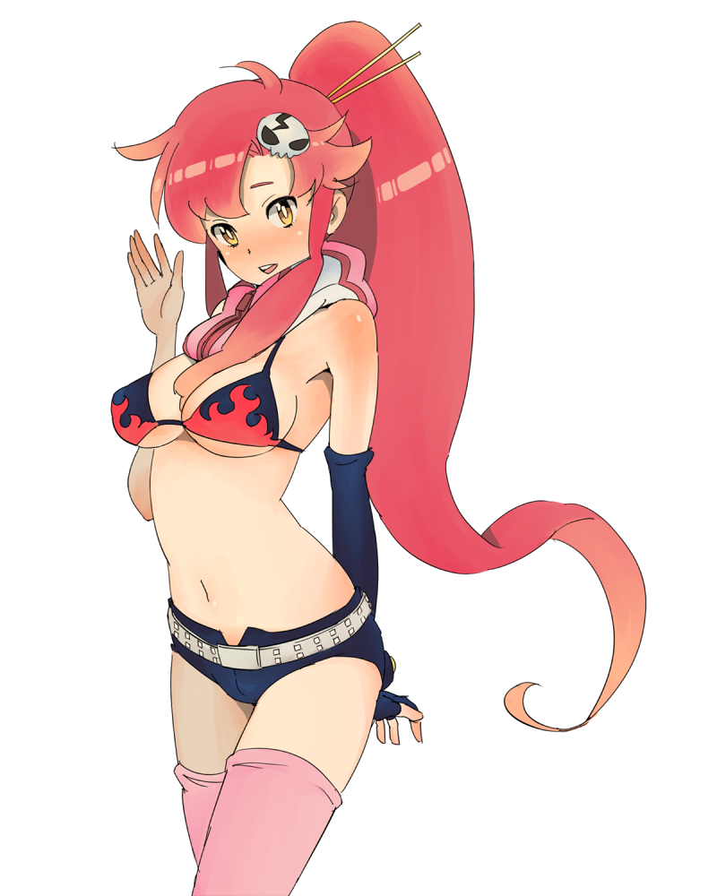 bikini_top breasts elbow_gloves fingerless_gloves gloves hair_ornament long_hair midriff navel pepo pepo_(pepopepo) pink_thighhighs ponytail red_hair redhead scarf short_shorts shorts simple_background smile solo studded_belt tengen_toppa_gurren_lagann thigh-highs thighhighs under_boob underboob very_long_hair waving yellow_eyes yoko_littner